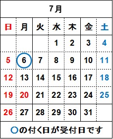 7月の飲料水検査の受付日は6日月曜日です。