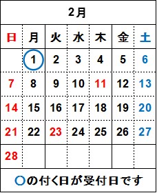 2月の飲料水検査の受付日は1日月曜日です。