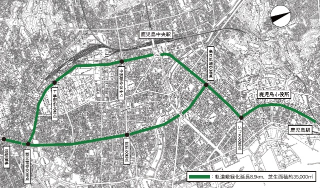 市電軌道敷緑化の整備箇所（道路併用区間）