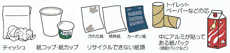 紙くず(ティッシュ、紙コップ、汚れた紙など)