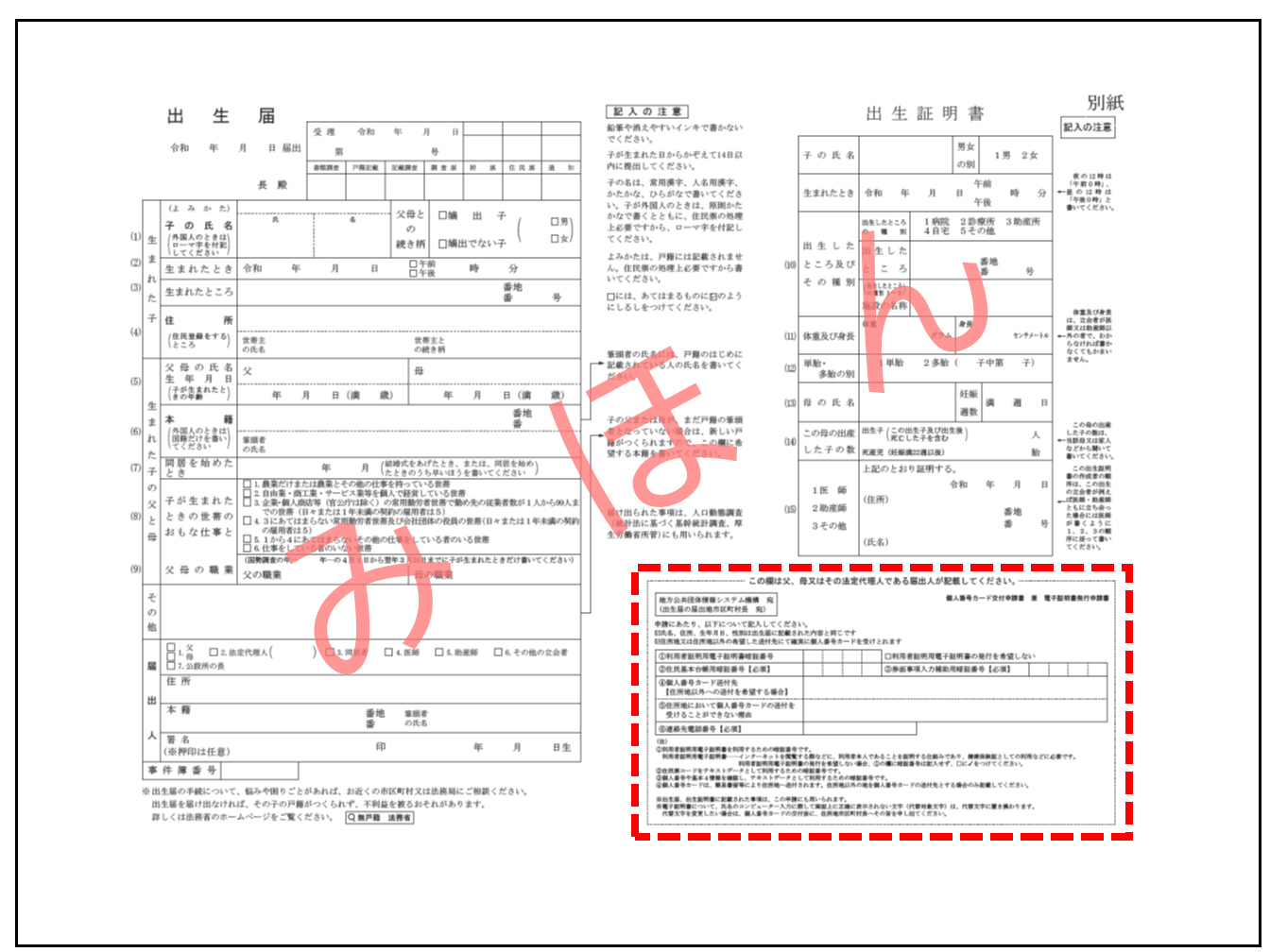 出生届見本(個カ申請書欄囲い)