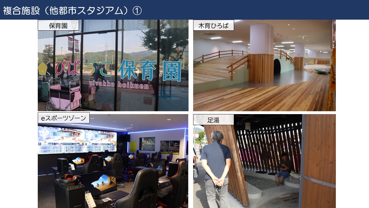 複合施設イメージとして他都市スタジアムの保育園や足湯等の様子